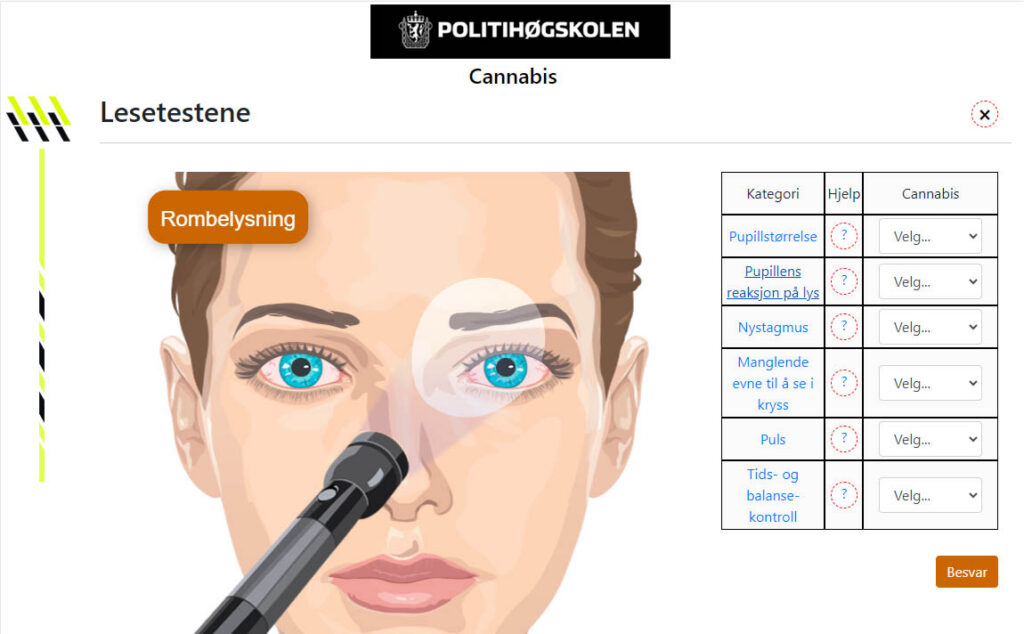 Eksempel på interaksjon for å teste pupillens reaksjon på lys
