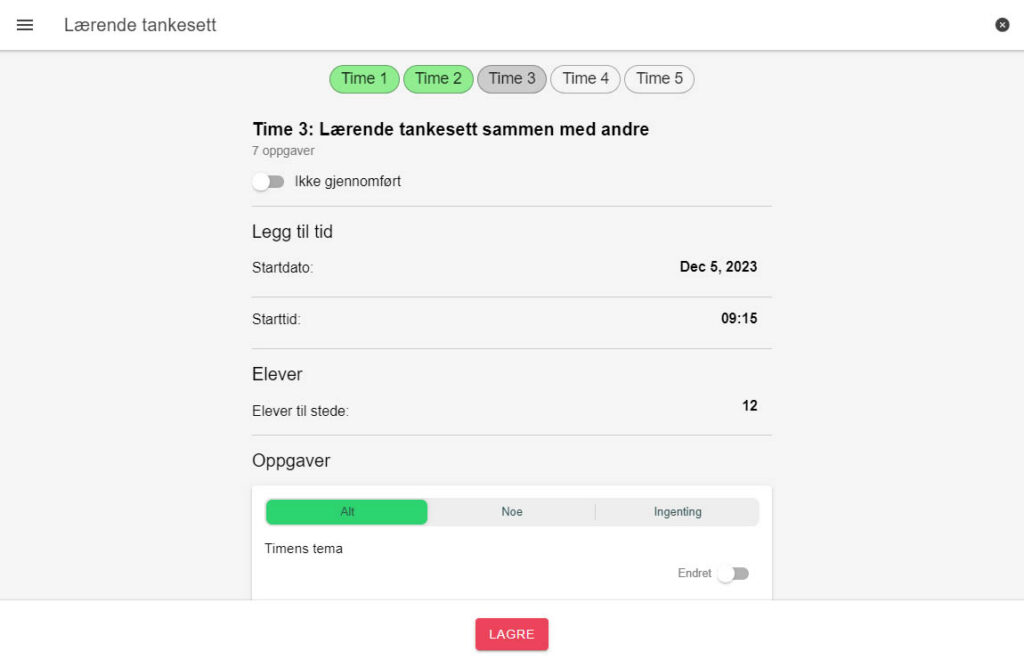 Registrering av aktiviteter i ulike timer og tema