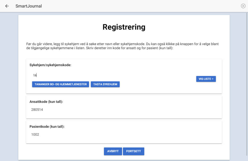 Registrering av koder for sykehjem, pasient og ansatt
