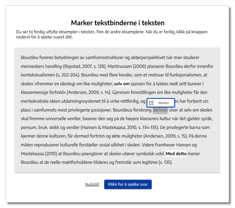 Eksempel på oppgave der man skal markere ord eller setninger.