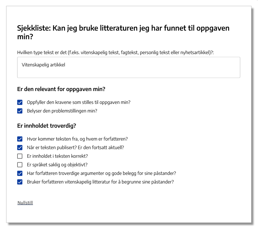 Eksempel på sjekkliste.