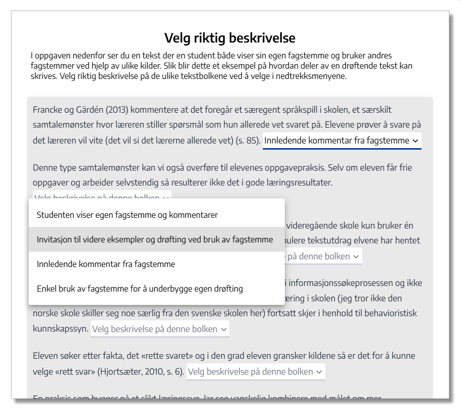 Eksempel på oppgave der man skal identifisere del av tekst.