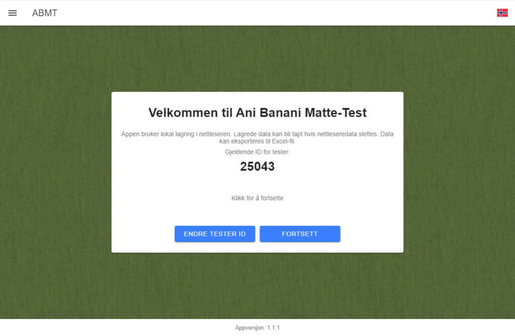 Velkommen-skjerm for Ani Banani mattestest
