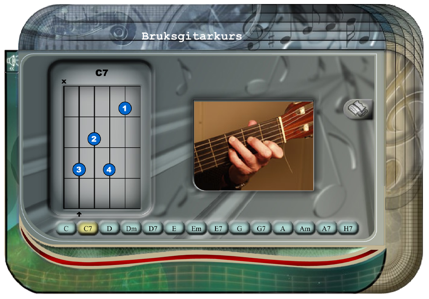 Et bilde som viser gitargrep og skjematisk oversikt over strengene
