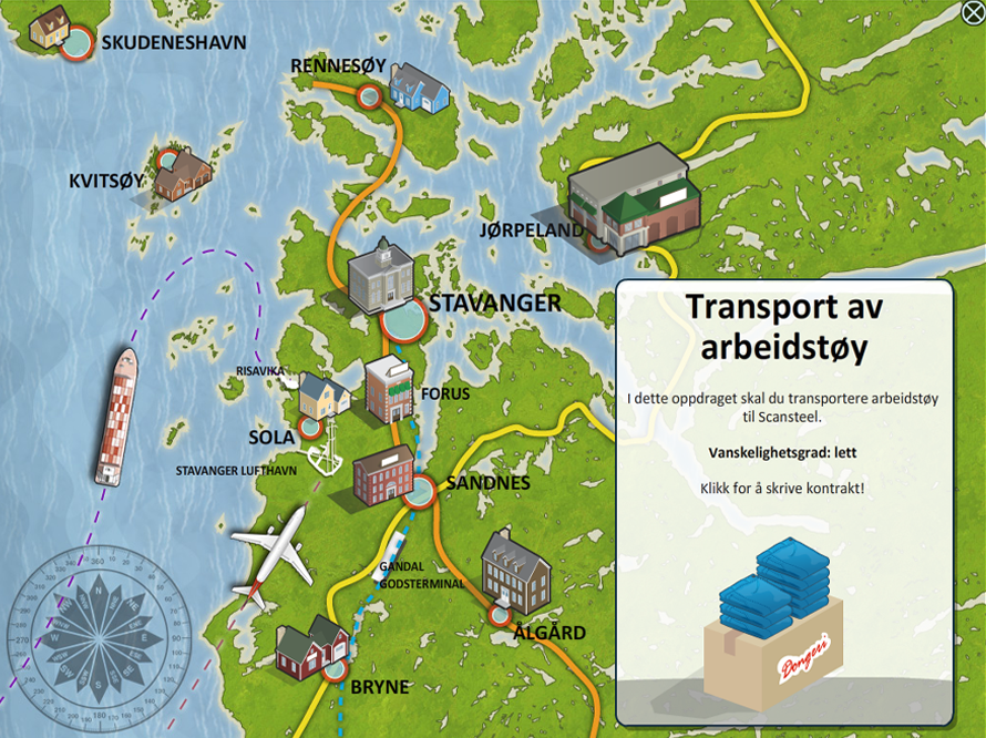 Et kart over Rogaland hvor man kan velge mellom ulike oppdrag